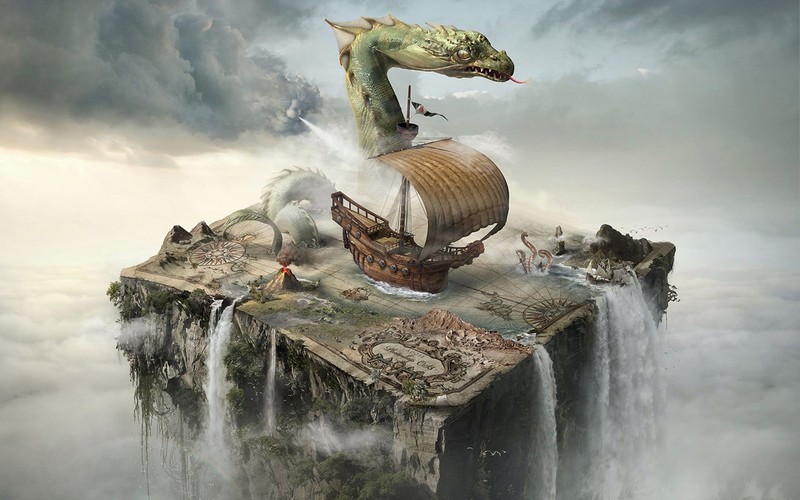 artwork, fantasy art, dragon, ship, sailing ship, waterfall, volcano, map
