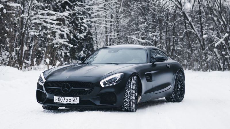 mercedes-benz, mercedes, black, snow, forest, 4k
