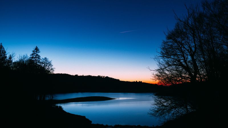 lake, trees, sunset, night, sky, landscape, dark, 4k