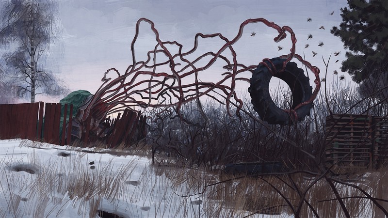 artwork, Simon Stålenhag, science fiction, futuristic, tire, snow, Tales From The Loop