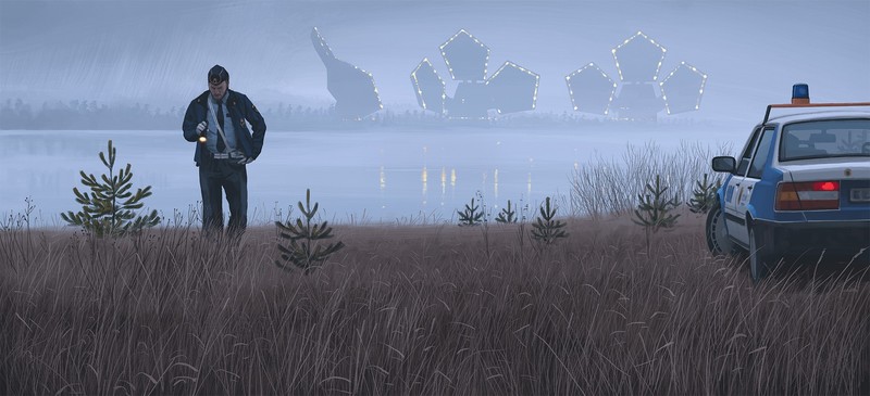 artwork, Simon Stålenhag, science fiction, futuristic, police cars, wheat, Tales From The Loop