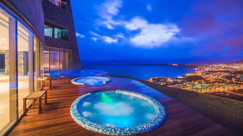 architecture, building, hot tub, hotel, holiday, evening, long exposure, cityscape, clouds, city lights, sea, window, wooden surface