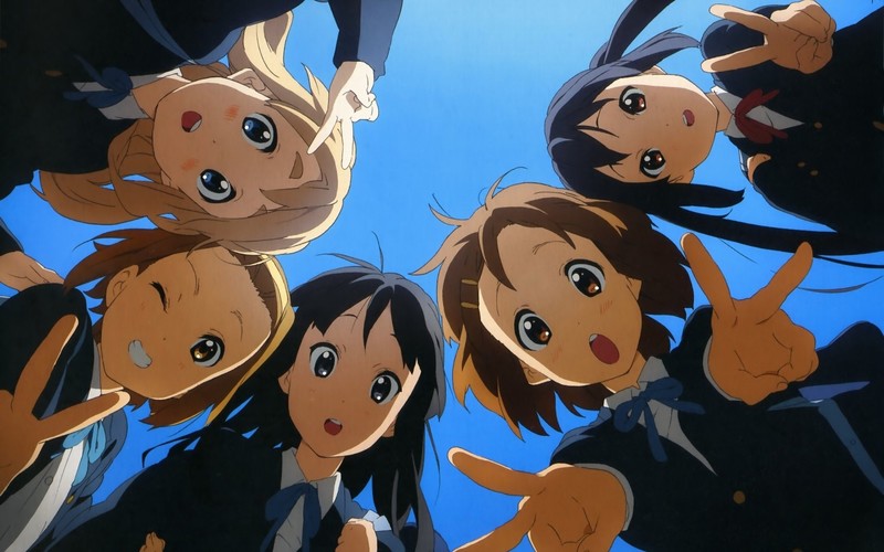 looking at viewer, K-ON!, schoolgirl, schoolgirl uniform, Kotobuki Tsumugi, Tainaka Ritsu, anime girls, peace sign, Hirasawa Yui, Akiyama Mio, Nakano Azusa