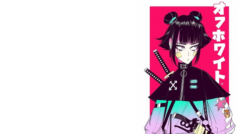 women, drawn, buns, black hair, katana, bandage, looking away, digital art
