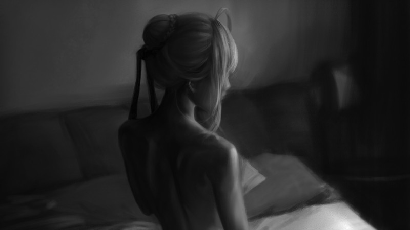artwork, women, monochrome, indoors, dark, Top knot, Saber, Saber (Fate/Grand Order), people