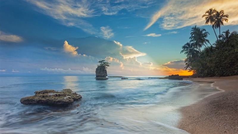 Costa Rica, beach, sky, clouds, sea, outdoors, landscape, rock formation