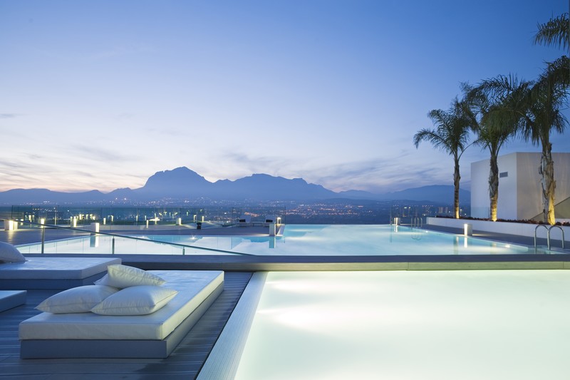 swimming pool, mountains, palm trees, sky, modern