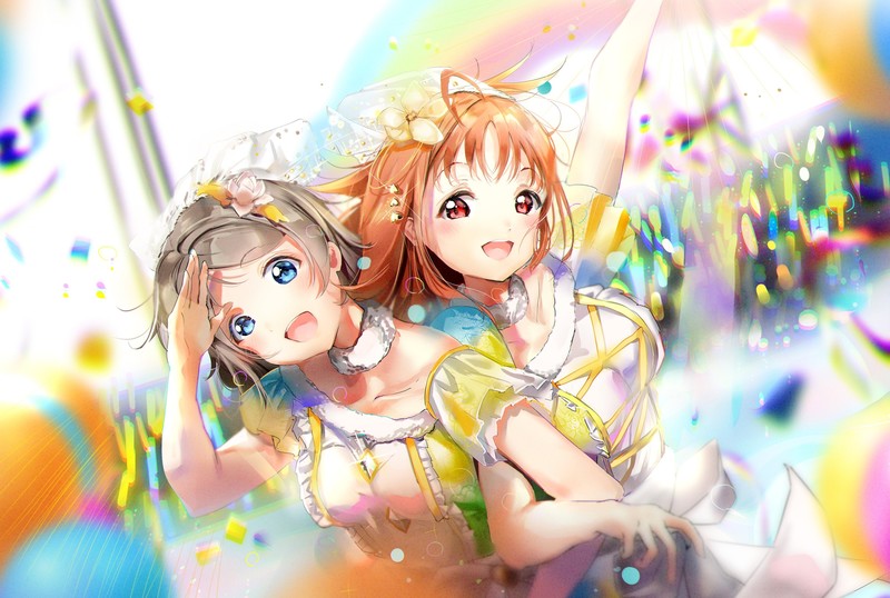 anime, anime girls, Love Live! Sunshine, Watanabe You, Takami Chika, blue eyes, red eyes, arms crossed