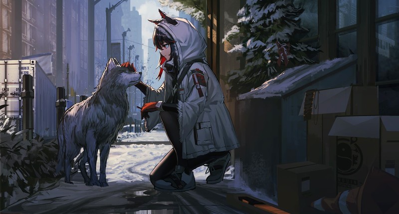 Arknights, animal ears, wolf, snow, smiling, kneeling, Texas (Arknights)