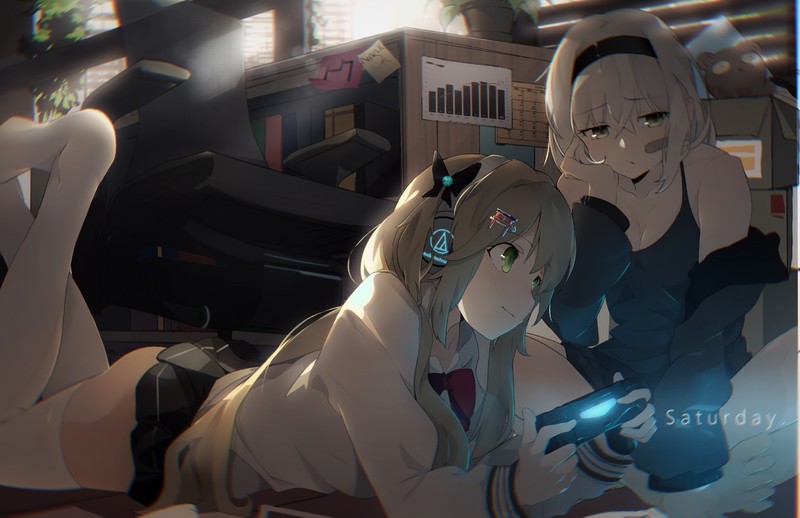 Virtual Youtuber, prone, long hair, headphones, skirt, Band-Aid, gamers
