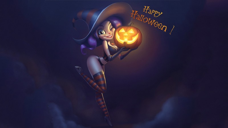 cartoon, digital art, Halloween, Jack O Lantern, witch, thigh-highs