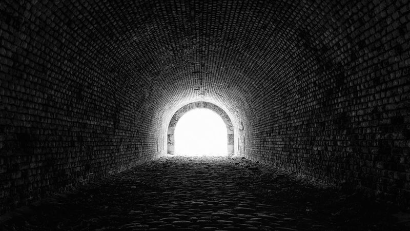 tunnel, bw, arch, brick, 4k