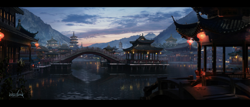 artwork, digital art, city, Asia, Asian architecture, water, river, bridge, mountains, lantern, Chinese lantern