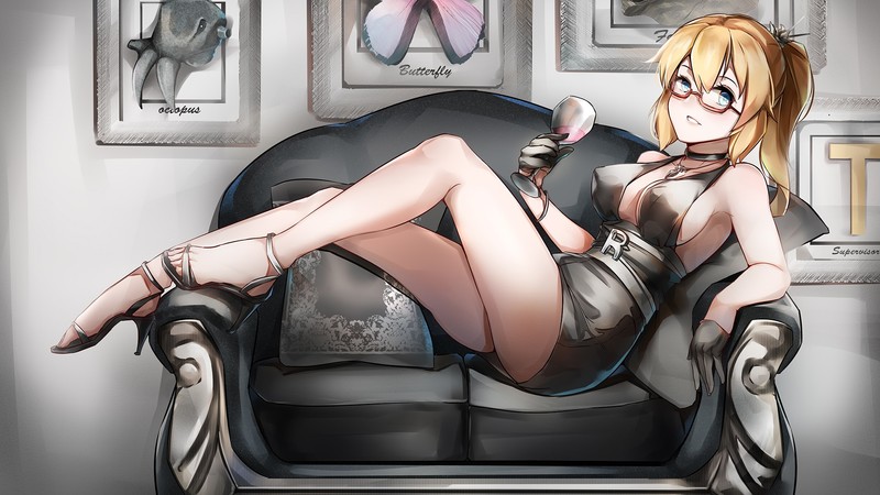 blonde, legs, cleavage, choker, gloves, drinking glass