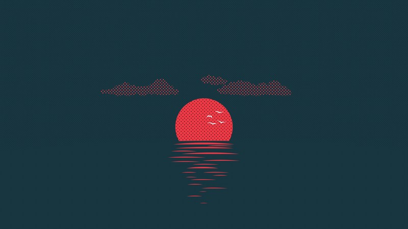 artwork, minimalism, blue background, dots, Sun, sunset, clouds, simple background, birds, reflection, red sun