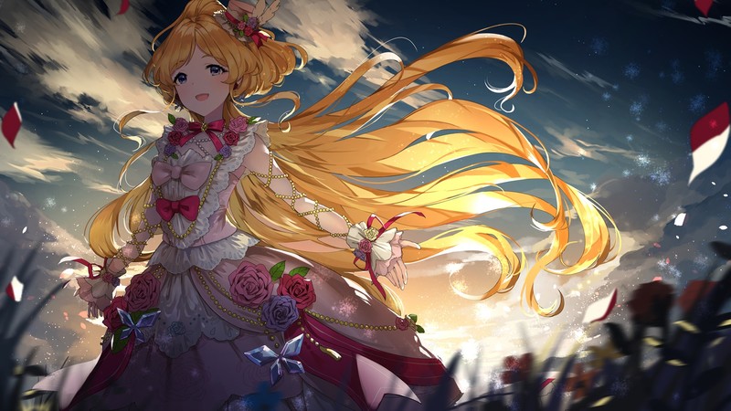 blonde, dress, clouds