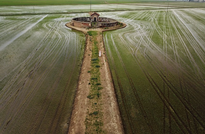 road, building, outdoors, field, landscape