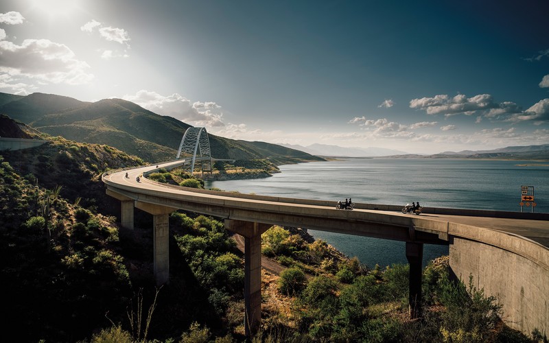 summer, road, nature, sky, clear sky, mountains, bridge, trees, water, sea, landscape, lake, Arizona