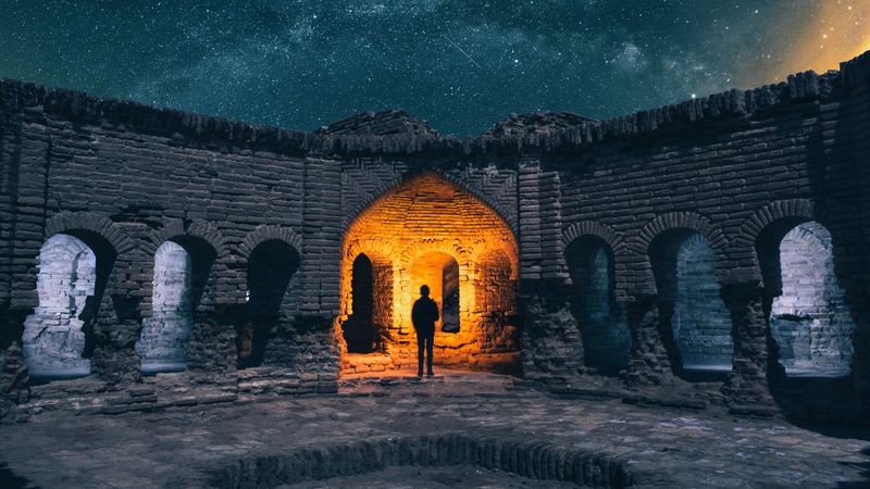 ruins, silhouette, starry sky, architecture, 4k