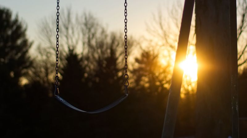 swing, winter, sunset, tree, blur, 4k