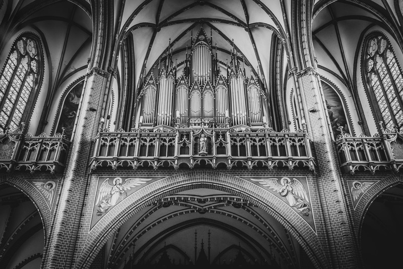 church, interior, monochrome, Gothic, pipe organ