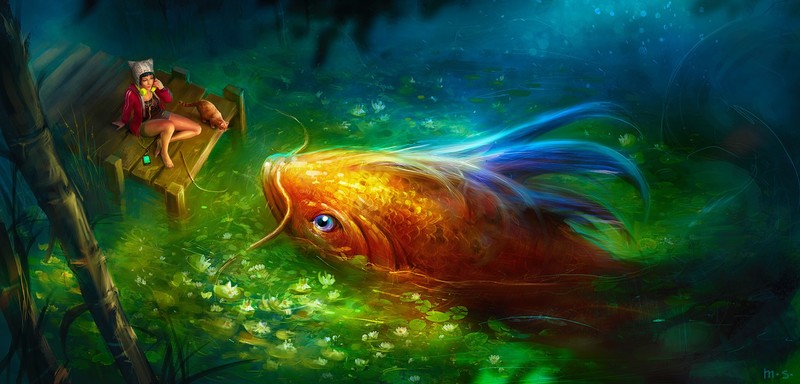 artwork, fantasy art, fish, women, headphones, lake, pier, nature, animals
