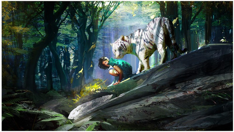 Jason Mejia, artwork, fantasy art, nature, forest, trees, women, animals, big cats, white tigers