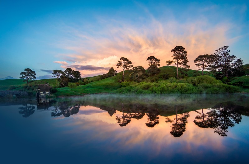 hill, lake, trees, sunset