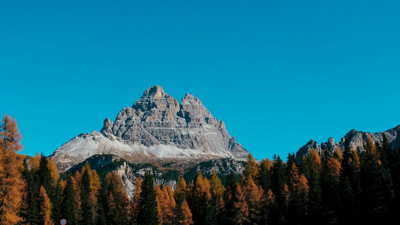 mountain, peak, trees, autumn, sky, mountain landscape, 4k