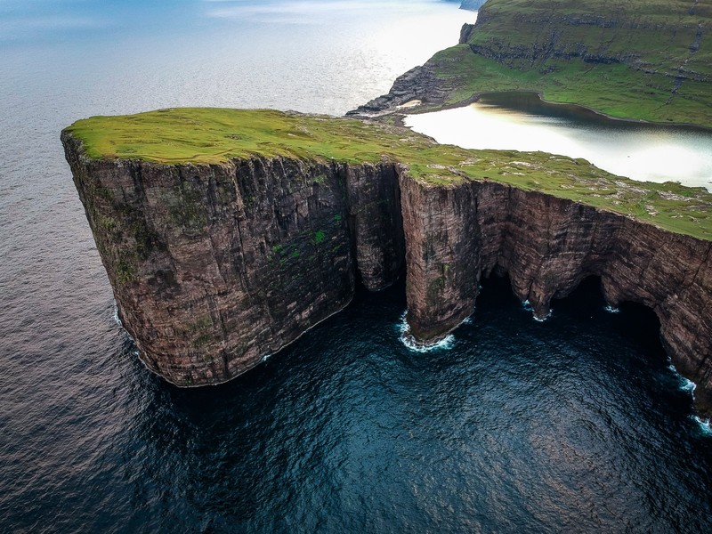 nature, landscape, sea, cliff, lake, aerial view, Sørvágsvatn