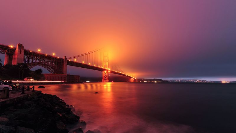 bridge, night, fog, backlight, bay, golden gate bridge, san francisco, usa, 4k