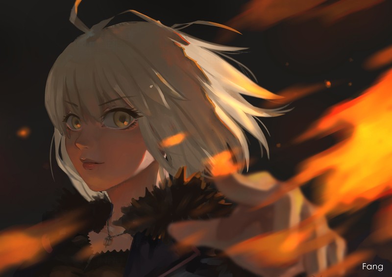 Jeanne (Alter) (Fate/Grand Order), Avenger (Fate/Grand Order), Fate Series, Fate/Grand Order, short hair, necklace, yellow eyes, fire