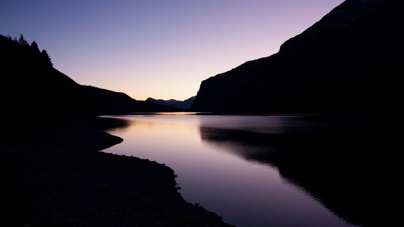 lake, night, reservoir, hills, dark, 4k