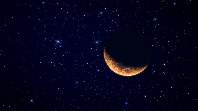 space, planet, stars, crescent moon
