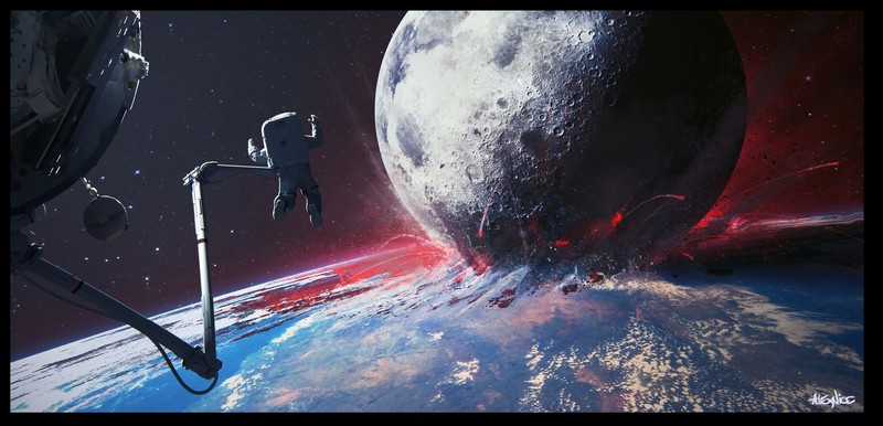 astronaut, space, planet, Earth, Moon, collision, artwork, fantasy art, digital art