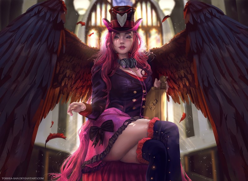 artwork, fantasy art, fantasy girl, wings, skirt, women, legs crossed, pink hair, long hair, headphones, miniskirt, hat