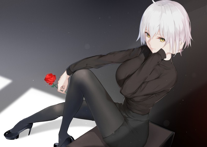Jeanne (Alter) (Fate/Grand Order), Fate Series, Fate/Grand Order, Avenger (Fate/Grand Order), white hair, yellow eyes, anime girls, Mobile Game, short hair, rose, high heels, thigh-highs