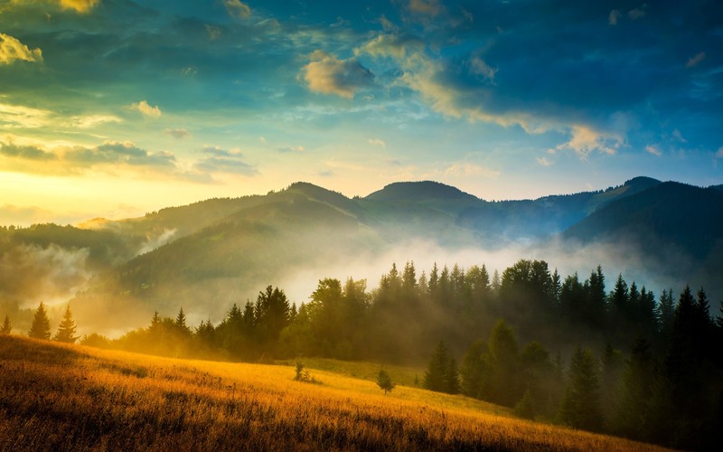nature, landscape, mountains, sky, clouds, mist, grass