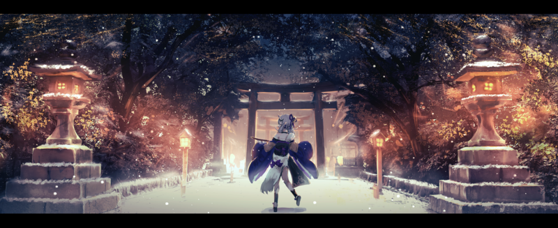 demon, drink, horns, Japanese clothes, night, sake, snow, torii, Nijisanji