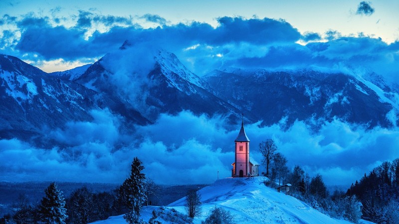 landscape, mountains, church, mist, winter, clouds, hills, Slovenia, snowy peak, cyan, blue