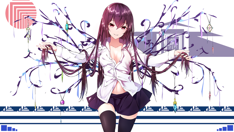 skirt, long hair, purple eyes, thigh-highs, cleavage, anime girls