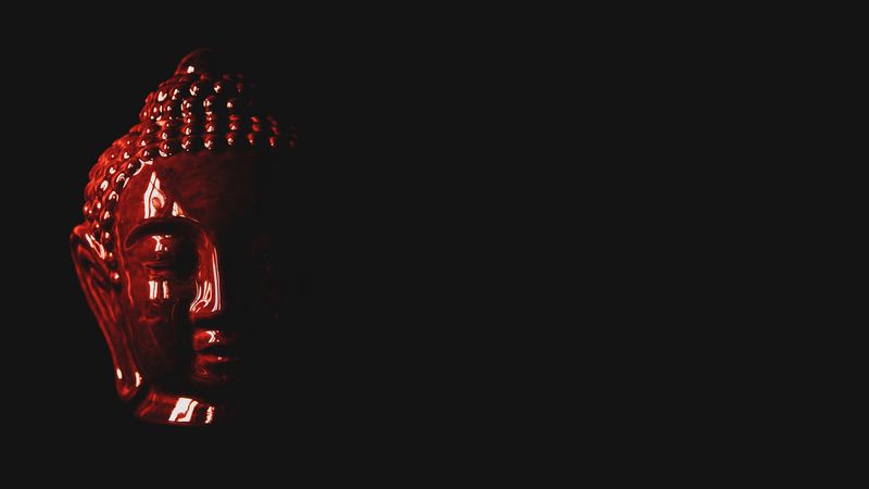 buddha, figurine, head, dark, red, black, 4k