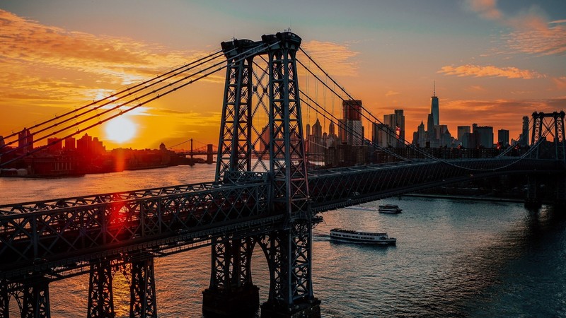 Williamsburg Bridge, bridge, architecture, city, sunset, sea, river, skyscraper, cityscape, New York City, USA, East River, One World Trade Center