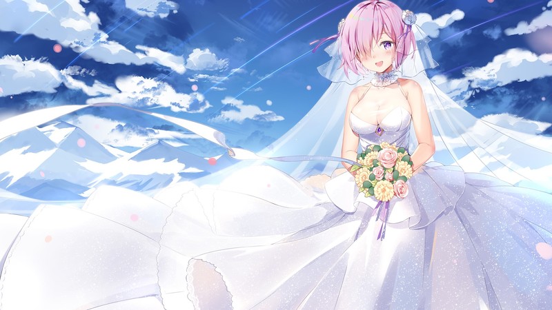 wedding dress, pink hair, anime girls