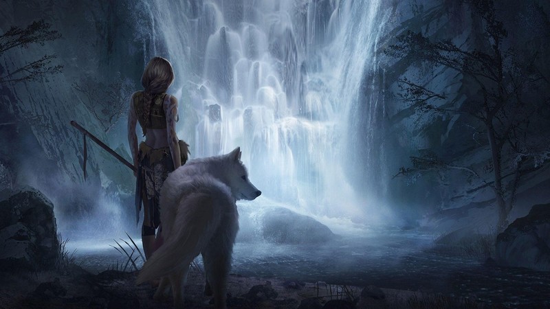 artwork, fantasy art, fantasy girl, wolf, animals, waterfall, nature, braids, women, long hair