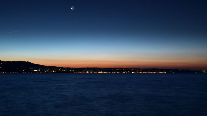 night city, horizon, sunset, night, sea, coast, 4k