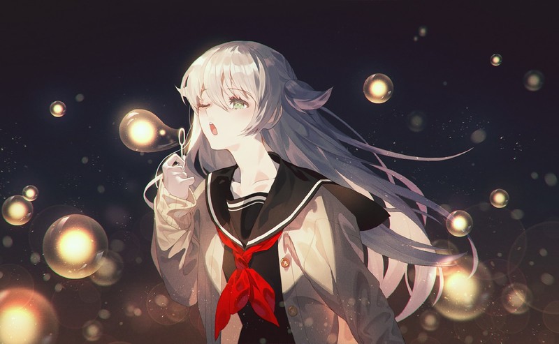 anime, anime girls, digital art, artwork, portrait, 2D, white hair, bubble, school uniform, winking