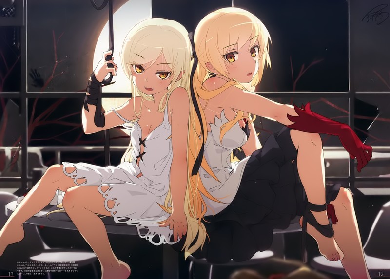 Monogatari Series, Ogipote, dress, blonde, yellow eyes, barefoot, Fang, loli, gloves, vampira, Oshino Shinobu