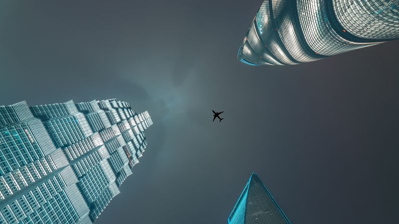 skyscrapers, bottom view, plane, minimalism, 4k