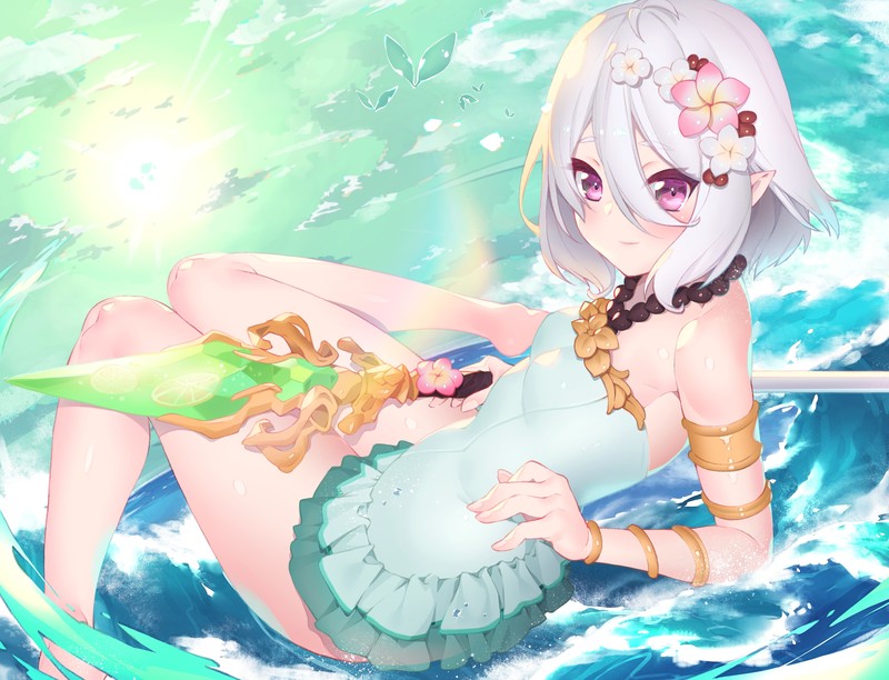 Kokkoro (Princess Connect), white hair, water, wet, blush, purple eyes, weapon, short hair, clouds, flowers, pointed ears, necklace, sky, anime girls